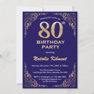Convite 80 Birthday Marinho Azul e Dourado Quadro Glitter