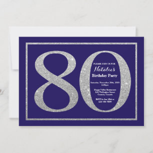 Convite 80 Birthday Marinho Azul e Silver Glitter