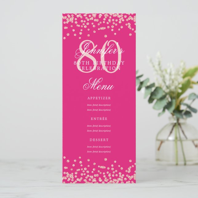 Convite 80 Birthday Menu Rosa Dourado Confetti Rosa Quente (Em pé/Frente)