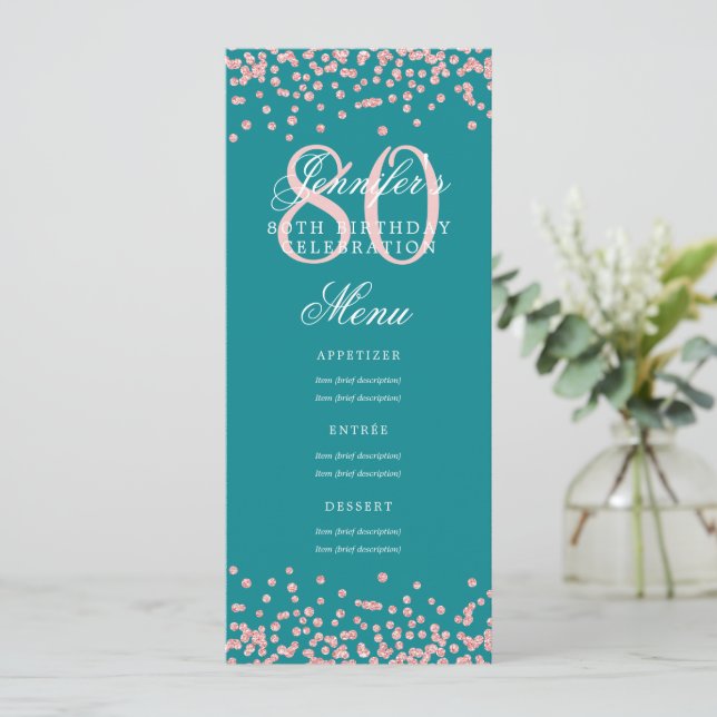 Convite 80 Birthday Menu Rosa Dourado Confetti Turquoise (Em pé/Frente)