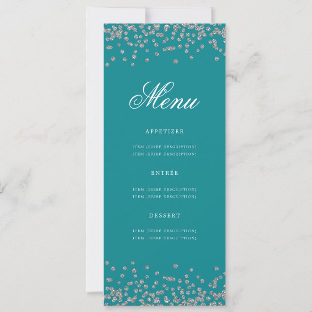 Convite 80 Birthday Menu Silver Confetti Turquoise (Verso)
