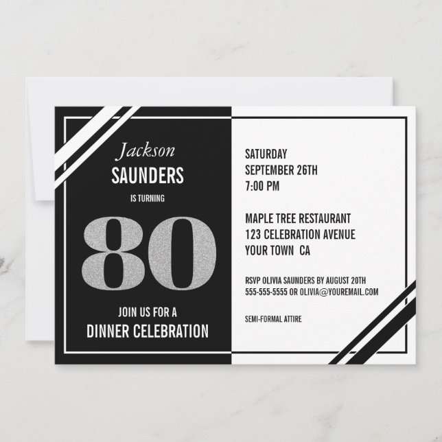 Convite 80 Birthday Modern Black and White Jantar Party (Frente)