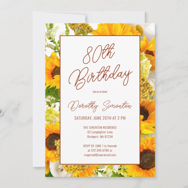 Convite 80 Birthday Modern Sunflower Floral (Frente)