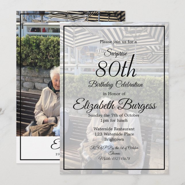 Convite 80 Birthday Photo Monograma Elegant Chic (Frente/Verso)
