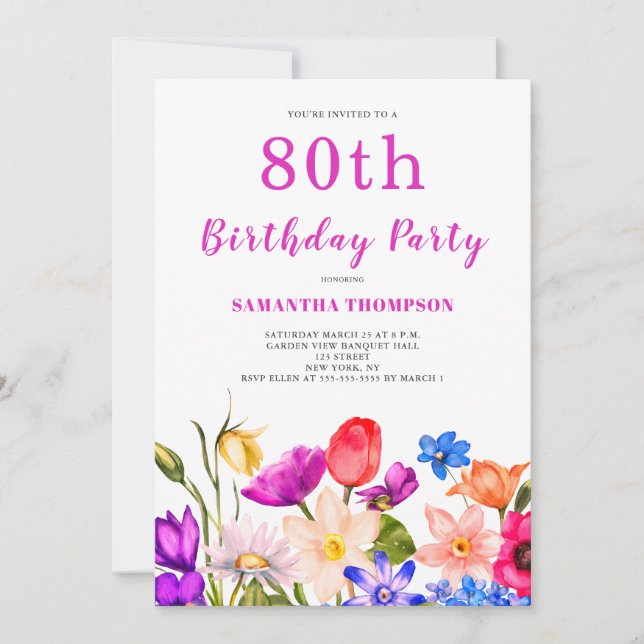Convite 80 Birthday Pink Floral (Frente)