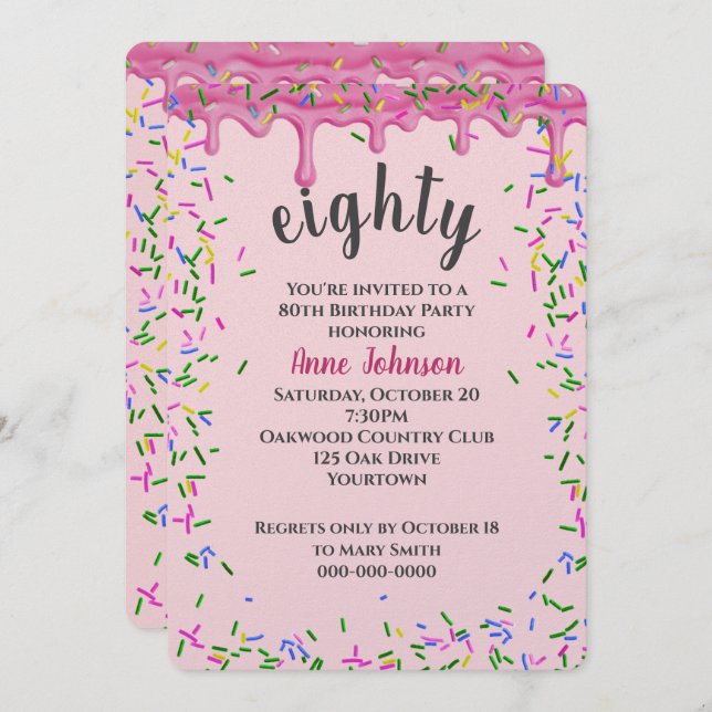 Convite 80 Birthday Pink Iching E Sprinkles (Frente/Verso)