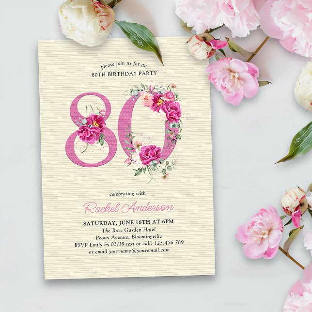Convite 80 Birthday Pink Peony Floral Número 80 (80th Birthday Invitation with pink floral number 80 - elegant vintage design with roses and peonies)