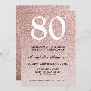 Convite 80 Birthday Pink Rose Dourada Glitter Sparkle Ombr