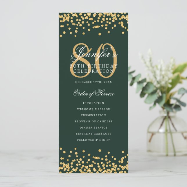 Convite 80 Birthday Programa Dourado Confetti Menu Verde (Em pé/Frente)