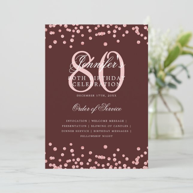 Convite 80 Birthday Programa Menu Rosa Dourada Borgonha (Em pé/Frente)