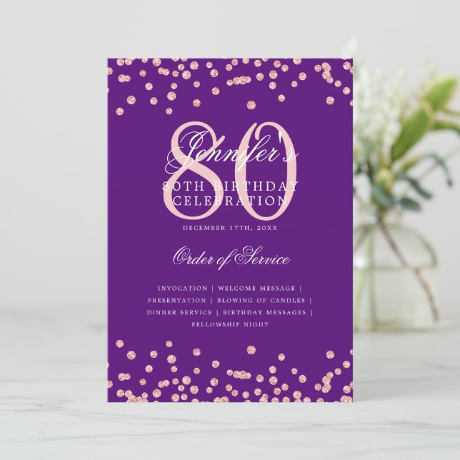 Convite 80 Birthday Programa Menu Rosa Dourado Roxo (Em pé/Frente)