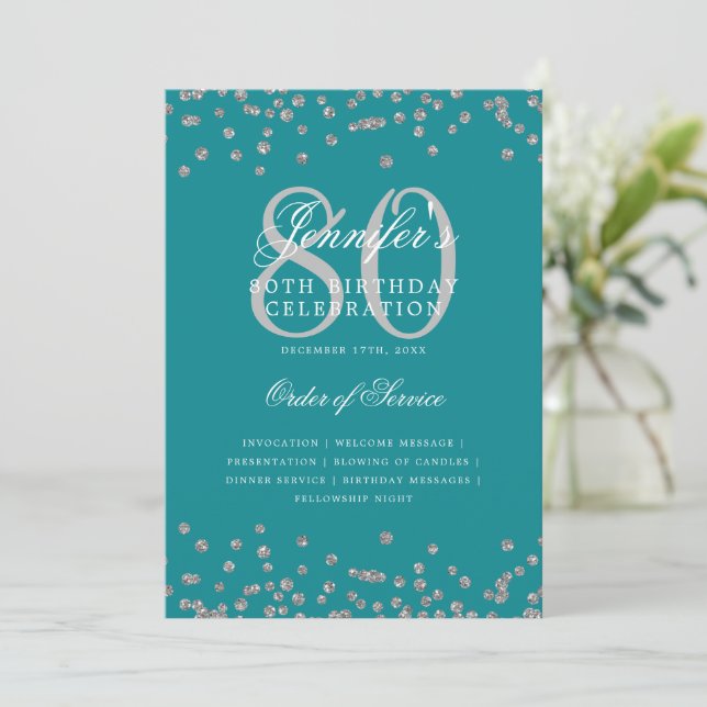 Convite 80 Birthday Programa Menu Silver Turquoise (Em pé/Frente)
