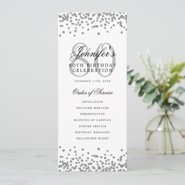 Convite 80 Birthday Programa Silver Confetti Champagne (Em pé/Frente)