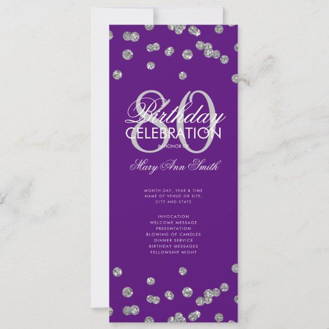 Convite 80 Birthday Programa Silver Purple Glitter Menu (Frente)