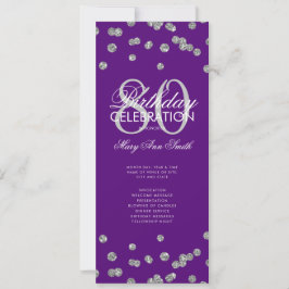 Convite 80 Birthday Programa Silver Purple Glitter Menu