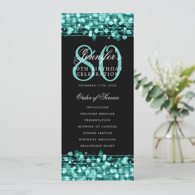 Convite 80 Birthday Programa Turquoise Menu+Obrigado (Em pé/Frente)