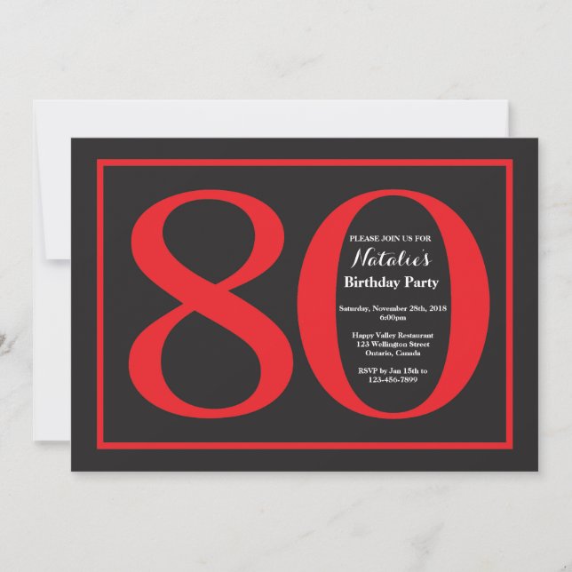 Convite 80 Birthday Red and Black Chalkboard (Frente)