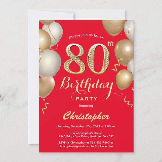 Convite 80 Birthday Red and Dourado Balloons Confetti (Frente)