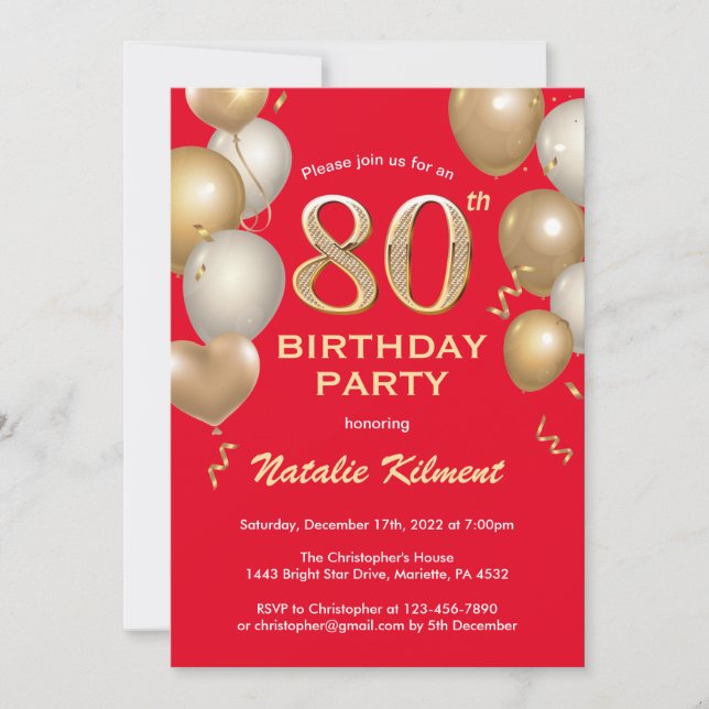 Convite 80 Birthday Red and Dourado Glitter Balloons (Frente)