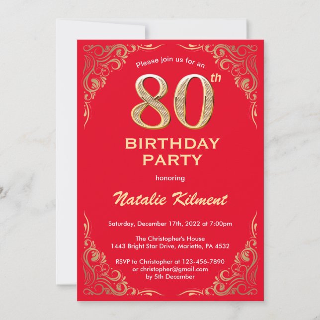 Convite 80 Birthday Red and Dourado Glitter Frame (Frente)