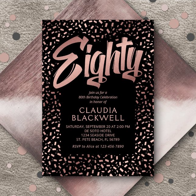 Convite 80 Birthday Rosa Dourada Confetti (Criador carregado)