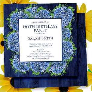 Convite 80 Birthday Rustic Wood Blue Hydrangeas Party