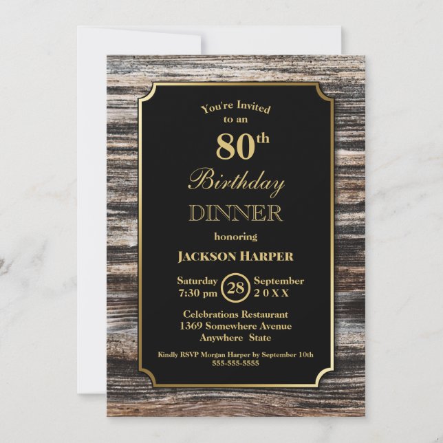 Convite 80 Birthday Rustic Wood Jantar Party (Frente)