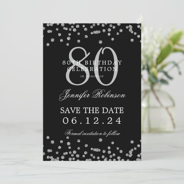 Convite 80 Birthday Silver Save Date Confetti Black (Em pé/Frente)