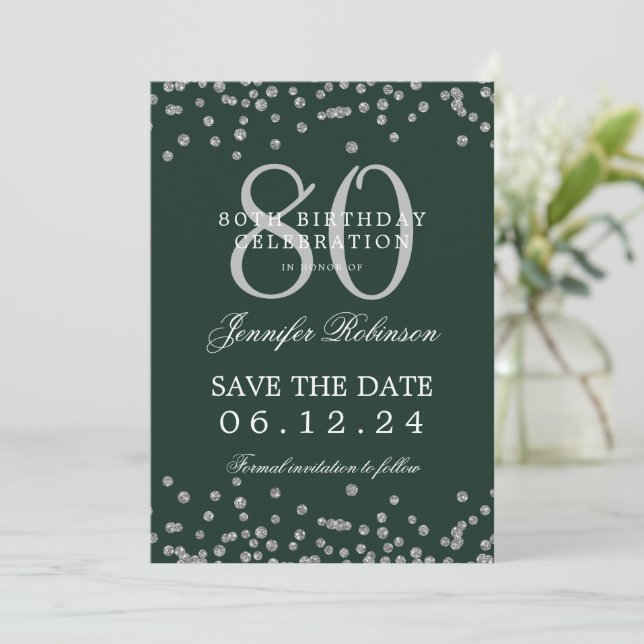 Convite 80 Birthday Silver Save Date Confetti Green (Em pé/Frente)