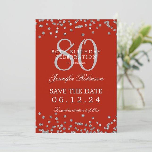 Convite 80 Birthday Silver Save Date Confetti Red (Em pé/Frente)