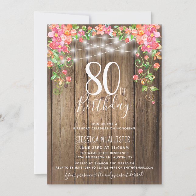 Convite 80 Birthday Surprise Brunch Rustic Floral Wood (Frente)