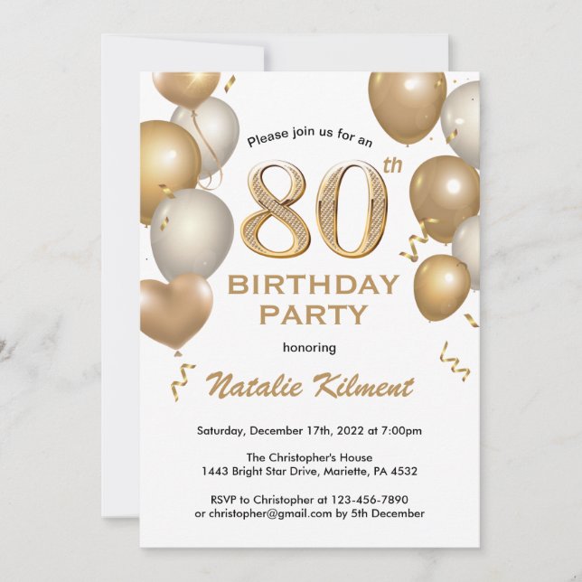 Convite 80 Birthday White e Dourado Balões de Leve (Frente)