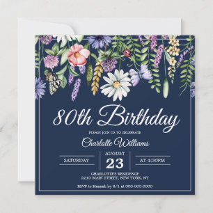 Convite 80 Birthday Wildflower Elegante Marinho Azul Flora