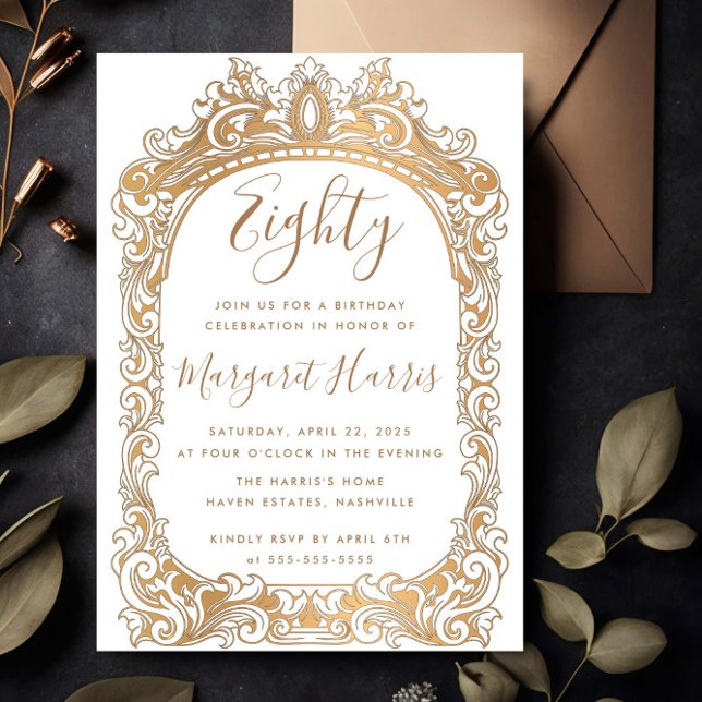Convite 80 Branco da Borda Dourada Clássica Oitava Anivers (Criador carregado)