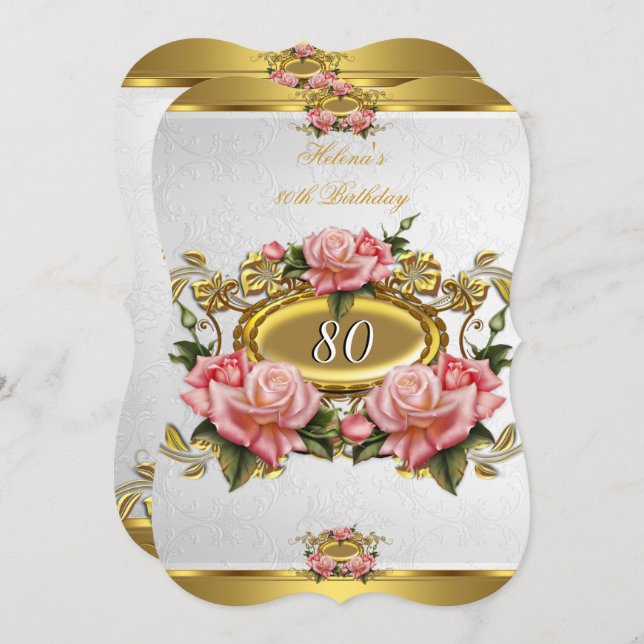 Convite 80 branco Elegante de Rosas Dourados rosa 2 (Frente/Verso)