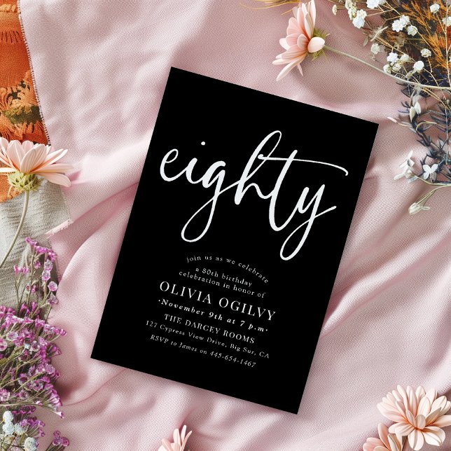 Convite 80 Branco sobre Script Moderno da Festa de anivers (Criador carregado)