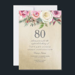 Convite 80 de Aniversário de Rosa Rosa Rosa Cor-de-Rosa Co<br><div class="desc">80 Rosa Cor-de-rosa-rosa-branca-dourada Aniversário Convide um belo design de cor-de-água floral floral completamente personalizável / personalizado</div>