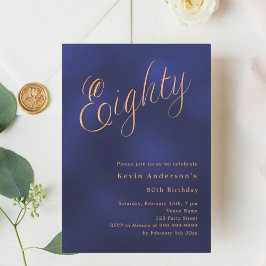Convite 80 de aniversário de script ouro azul marinho