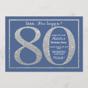 Convite 80 de Aniversário de Surpresa Azul e Silver Glitte