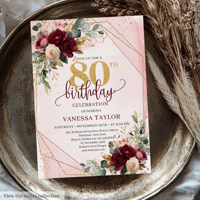 Convite 80 de Aniversário do Boho Deep Red Dourado (Minimal Boho Deep Red Gold Flowers 80th Birthday Invitation)