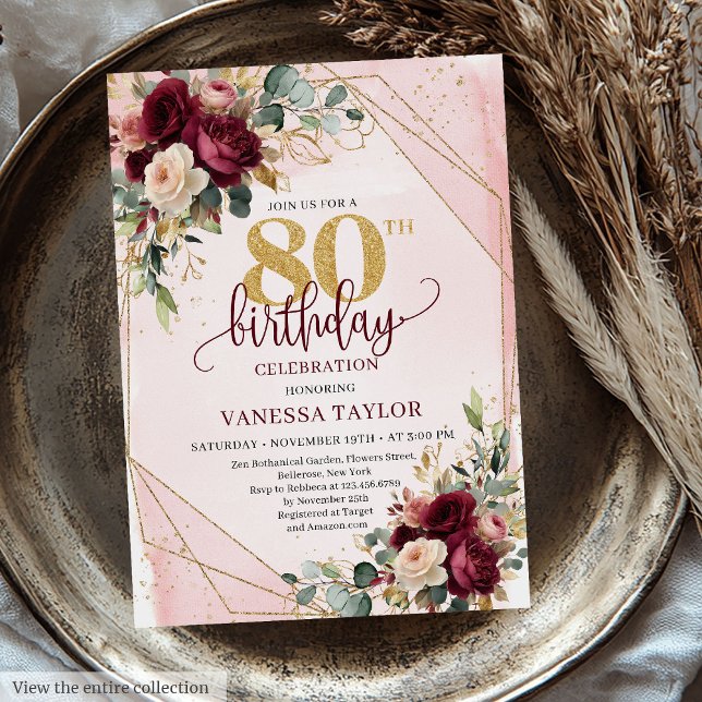 Convite 80 de Aniversário do Luxe Boho Burgundy (Luxe Boho Burgundy Gold Roses 80th Birthday Invitation)