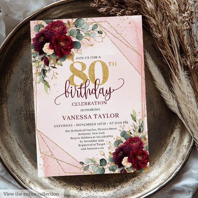 Convite 80 de Aniversário do Rustic Deep Red Blush Dourado (Rustic Deep Red Blush Gold Flowers 80th Birthday Invitation)
