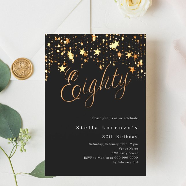 Convite 80 de aniversário elegante estrelas douradas preta (Criador carregado)