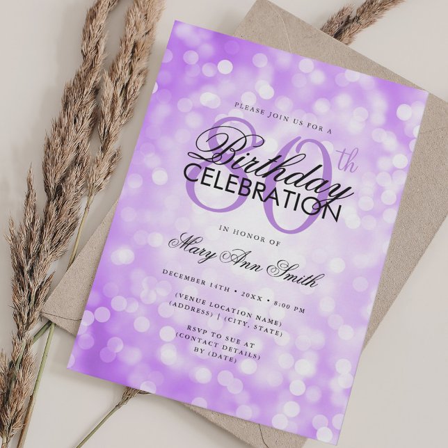 Convite 80 de Aniversário Elegante Glam Purple Shimmer Lig (Elegant 80th Birthday Glam Purple Shimmer Light Invitation)