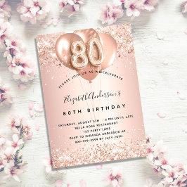 Convite 80 de aniversário rosa de ouro balões esmagadores