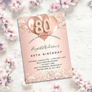 Convite 80 de aniversário rosa de ouro balões esmagadores