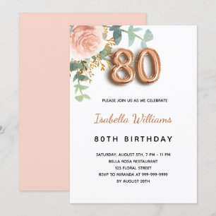Convite 80 de aniversário rosa de ouro floral eucalipto ve