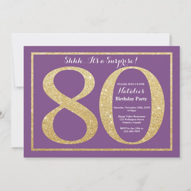 Convite 80 de Aniversário Surpresa Roxo e Luminosidade Dou (Frente)