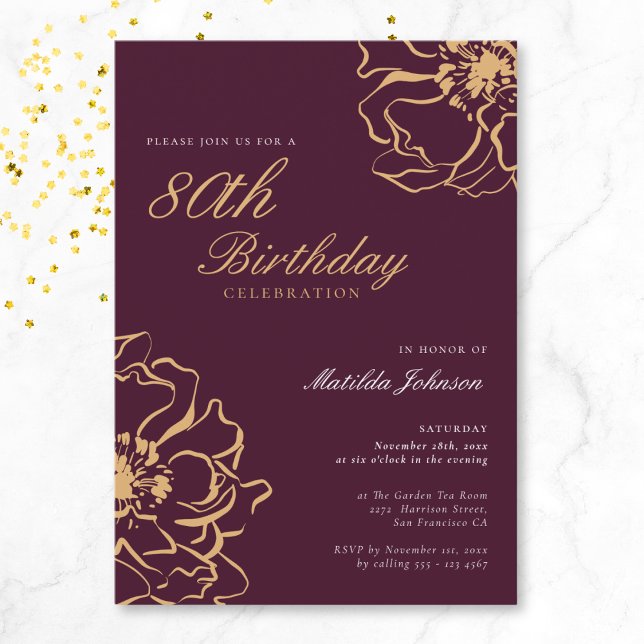 Convite 80 de Borgonha Dourada Floral - Aniversário (Floral Gold Burgundy 80th Birthday Invitation)