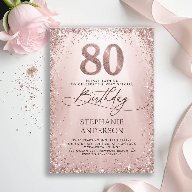 Convite 80 de Caligrafia Dourada com Glam Rosa (80th birthday invitation for women glitter sparkle rose gold glam elegant stylish luxury)